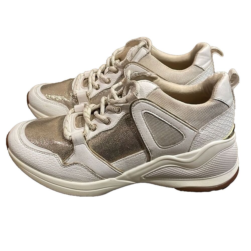 ALDO Gold White Vany Fashion Sneaker Shoes Womens 7.5 EU 38 Metallic Lace-up